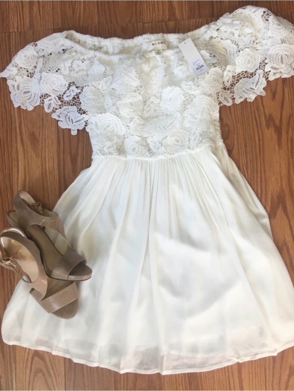 Francesca's Collections White Lace Off-Shoulder Fit & Flare Dress